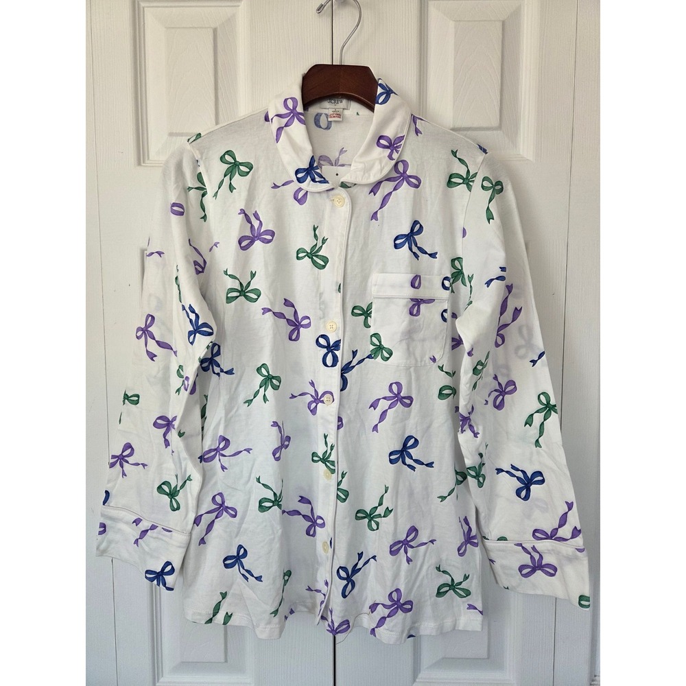 J. Crew Long Sleeve Knit Bow Pajama Set Women S White Multi NWT $128 CO080 - Picture 2 of 11